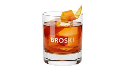 A rich amber cocktail in a rocks glass, garnished with orange