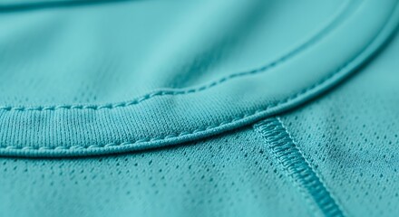 Close up of vibrant teal athletic fabric texture with detailed stitching and subtle perforations showcasing breathable material for activewear and performance gear