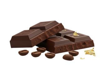 Segment of artfully broken, deeply textured dark chocolate with roasted coffee beans and shimmering gold leaf on a seamless transparent background, pristine studio macro, concept of luxury indulgence
