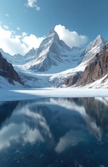 Snowy mountains reflected in frozen lake, blue sky above. Winter mountain landscape with ice, snow and clouds reflecting in water. Beautiful mountain ridge covered by ice.