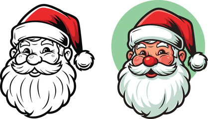 Santa Claus face cartoon, black and white outline, colored festive character, Christmas illustration, holiday design, seasonal icon, green background
