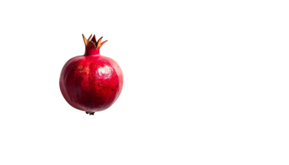 A single, ripe pomegranate, deep red in color, sits against a black background, subtly lit from the left, highlighting its smooth skin and crown