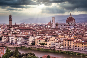 Fototapeta premium Duomo Santa Maria Del Fiore and Bargello in the morning from Piazzale Michelangelo in Florence, Tuscany, Italy