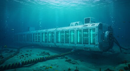 Underwater Data Center: Futuristic Submerged Server Facility with Glowing Server Racks and Subsea Cables in an Aquatic Environment
