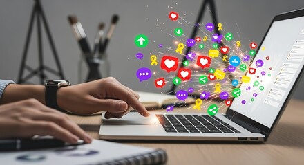 Engaging with digital content dynamic social media icons explode from laptop screen as user interacts online