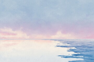 Naklejka premium Serene Ocean and Sky: Soft pastel hues blend seamlessly to create a tranquil, watercolor-like scene of the ocean meeting the sky. capturing the serene beauty of nature's elements.