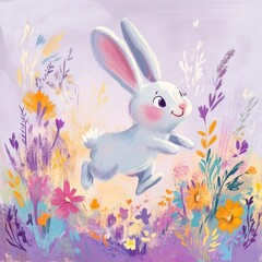 Obraz premium A charming illustration of a playful rabbit hopping through a vibrant floral meadow, bursting with colorful flowers in a soft, whimsical style.