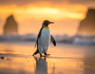 Penguin walks on beach at sunrise