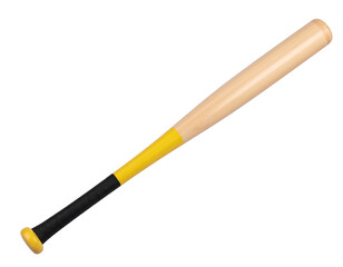 A wooden baseball bat with a yellow grip and handle, designed for sports enthusiasts and athletes alike.