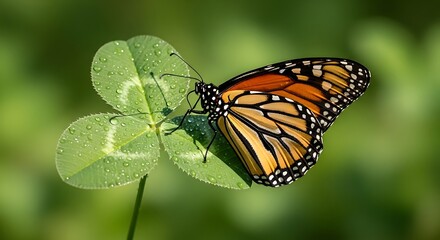 Monarch Butterfly on Clover Leaf in Green Nature.