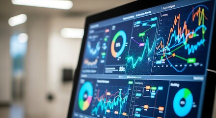 Dynamic financial data analysis on modern computer screen, showcasing market trends and business growth with vibrant charts and graphs