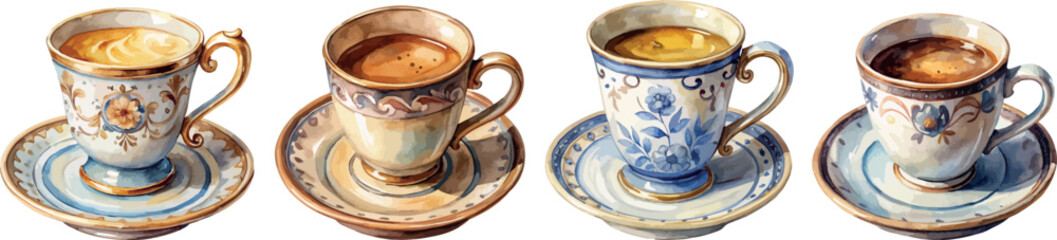 Set of Vintage Porcelain Coffee Cups Watercolor Vector Illustration