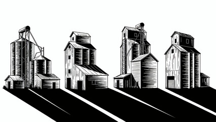 Grain Elevators in Rural Landscape Black and White Illustration of Agricultural Buildings and Silos for Farming Industry © SHOHRAB HOSSAIN