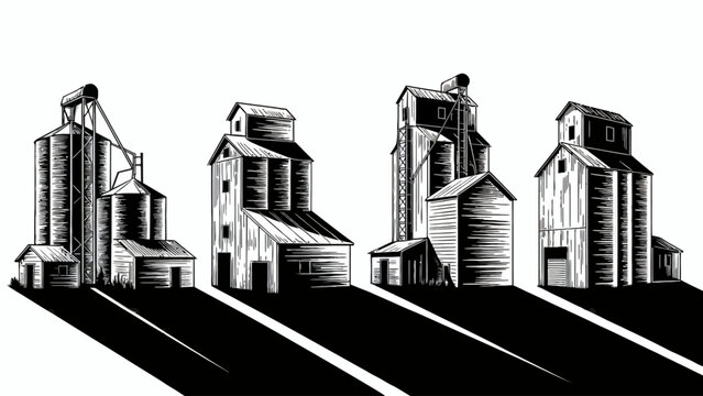 Grain Elevators in Rural Landscape Black and White Illustration of Agricultural Buildings and Silos for Farming Industry