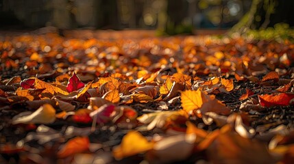 Colorful autumn leaves blanket the ground, bathed in warm sunlight.