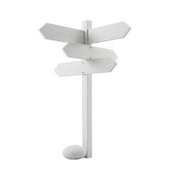 transparent wooden signpost with subtle wood grain and four blank arrows pointing various directions, a smooth transparent stone at base, isolated on seamless studio background, concept of new