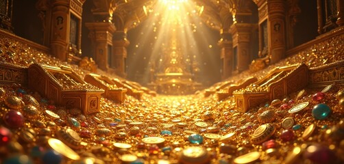 Grand room filled with gold treasures, precious jewels, and luxurious items. Gold accents adorn the walls, floor, and objects within. Marble floor reflects golden light, enhancing luxurious feel.