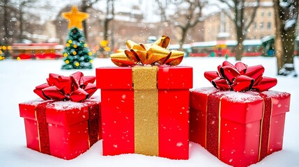 Snowy winter ground with glowing presents shot on full frame camera, 24mm lens, wide angle capturing festive arrangement