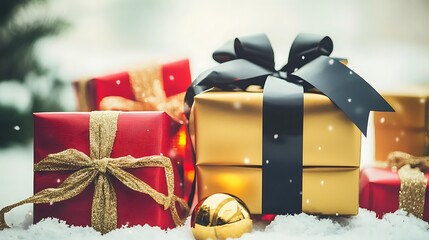 Snowy winter ground with glowing presents shot on full frame camera, 24mm lens, wide angle capturing festive arrangement