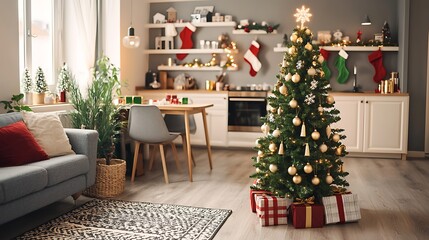 Shining golden Christmas tree photographed on DSLR, 28mm lens, soft luxury atmosphere illuminated naturally