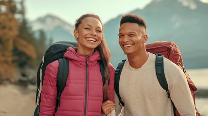 cheerful young couple hiking together through a scenic mountain trail, carrying backpacks