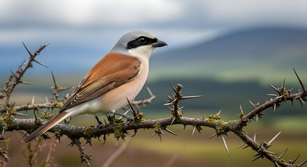 Red-backed Shrike perched on thorny branch, beautiful bird in nature, wildlife photography, outdoor scene, avian beauty.