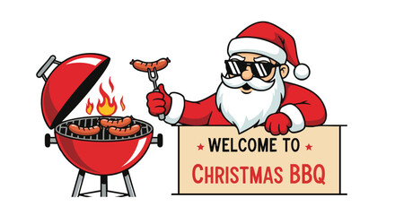 Welcome to Christmas BBQ with cool Santa grilling festive sausages on a red barbecue, perfect for holiday parties and family gatherings