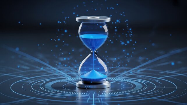 Hourglass Elegance: A captivating hourglass sits poised, its blue sand flowing seamlessly. Encased in transparent glass.