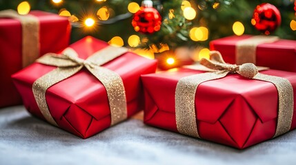 Green holiday tree with red packages in minimal arrangement captured on mirrorless camera, 50mm lens, shallow depth creating elegant composition