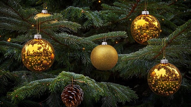 Golden tree with sparkling festive ornaments photographed on medium format camera, 80mm lens, crystal clear ornament details under daylight