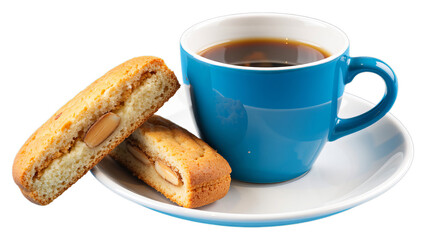 Blue Coffee Cup with Almond Biscotti on Transparent Background, Minimalist Graphic for Web Design