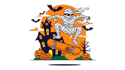 Spooky Skateboarding Mummy: A cartoon mummy doing tricks on a skateboard, pumpkin and haunted house are visible in the background.
