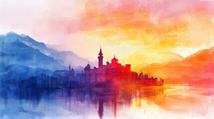 Obraz premium Stunning watercolor landscape featuring castle silhouette against vibrant sunset. scene captures blend of warm and cool colors, reflecting water