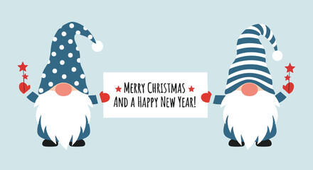 Charming gnomes holding festive sign wishing Merry Christmas and Happy New Year with star accents