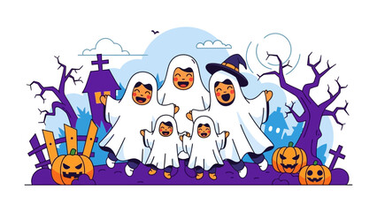 Whimsical Halloween Family: A whimsical illustration featuring a happy family, dressed in ghostly attire, enjoying a playful Halloween night, complete with grinning pumpkins and spooky ambiance.