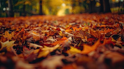 Autumnal foliage blankets the ground in a vibrant display of warm colors.