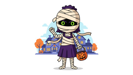 Halloween Mummy in Costume: A cute mummy girl, her face hidden beneath bandages, holds a pumpkin bucket, waving cheerily against the backdrop of a festive Halloween scene.
