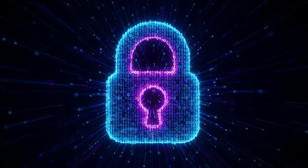 Dynamic digital padlock glowing with binary code data streams representing secure network protection and cyber defense strategies