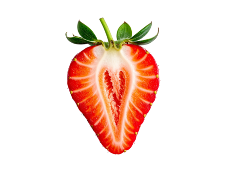 A perfectly halved, ripe strawberry, showcasing its vibrant red interior and tiny seeds, against a black background