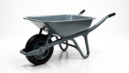 Studio shot of isolated gray metal wheelbarrow with black rubber tire on white background. Equipment for garden, construction, farming, agriculture, transporting heavy materials by hand.