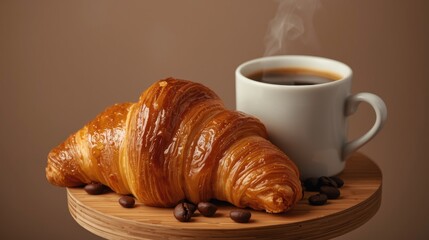 A delectable croissant and a steaming cup of coffee on a wooden platter, bathed in warm light.
