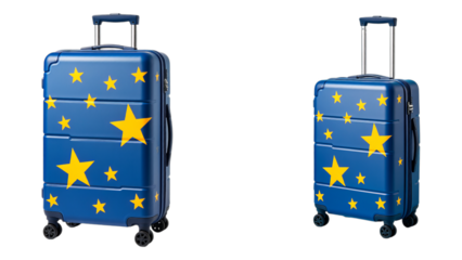 Blue Suitcase with Yellow Stars on Transparent Background, 3D Realism Travel Luggage Asset