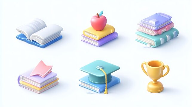 Collection of isometric education and learning icons with books apple graduation cap and trophy