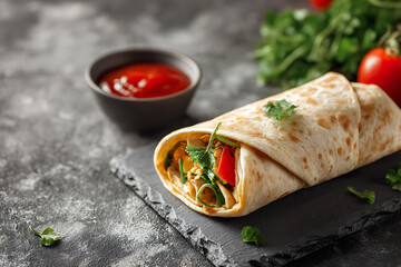 Delicious burrito with fresh vegetables and spicy sauce on a dark stone board, culinary delight.