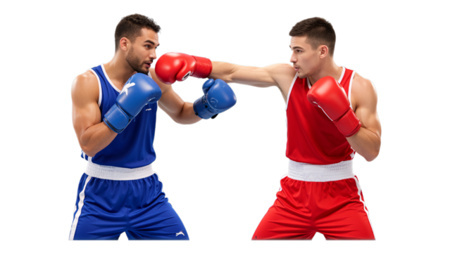 Boxers Fighting with Red and Blue Gloves, 3D Realism Illustration on Transparent Background