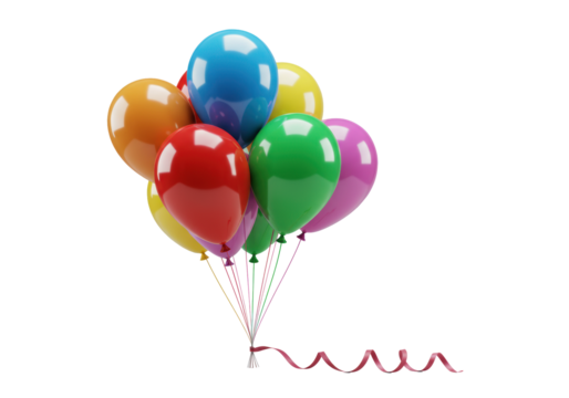 Vibrant, high-gloss latex balloons in spectrum colors, with elegant white satin ribbon, 45-degree view on seamless transparent background, concept of polished product perfection