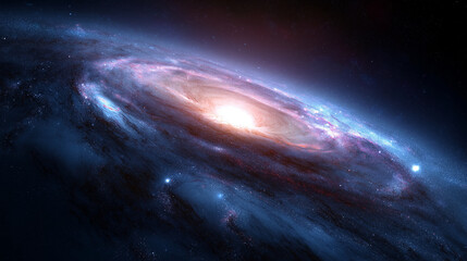 Leuchtende Spiralgalaxie mit rosa und blauen Farbtönen vor sternenklarem Nachthimmel