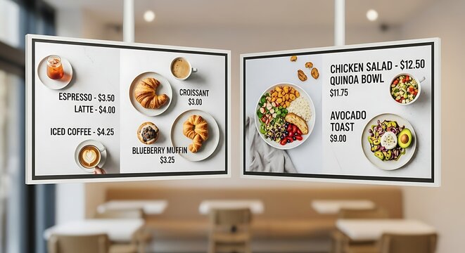 Modern digital menu board showcasing delicious cafe food and drinks with prices, perfect for bright, contemporary eateries and restaurants. - Powered by Adobe