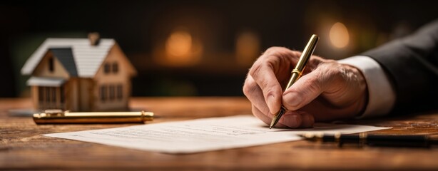The elegant signing of a real estate contract with a house model nearby.
