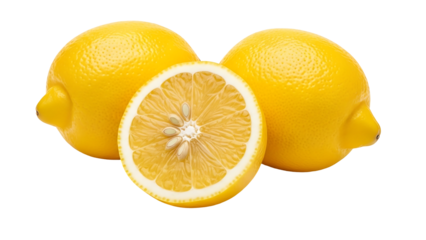 Two whole lemons and one halved lemon, bright yellow, isolated on black